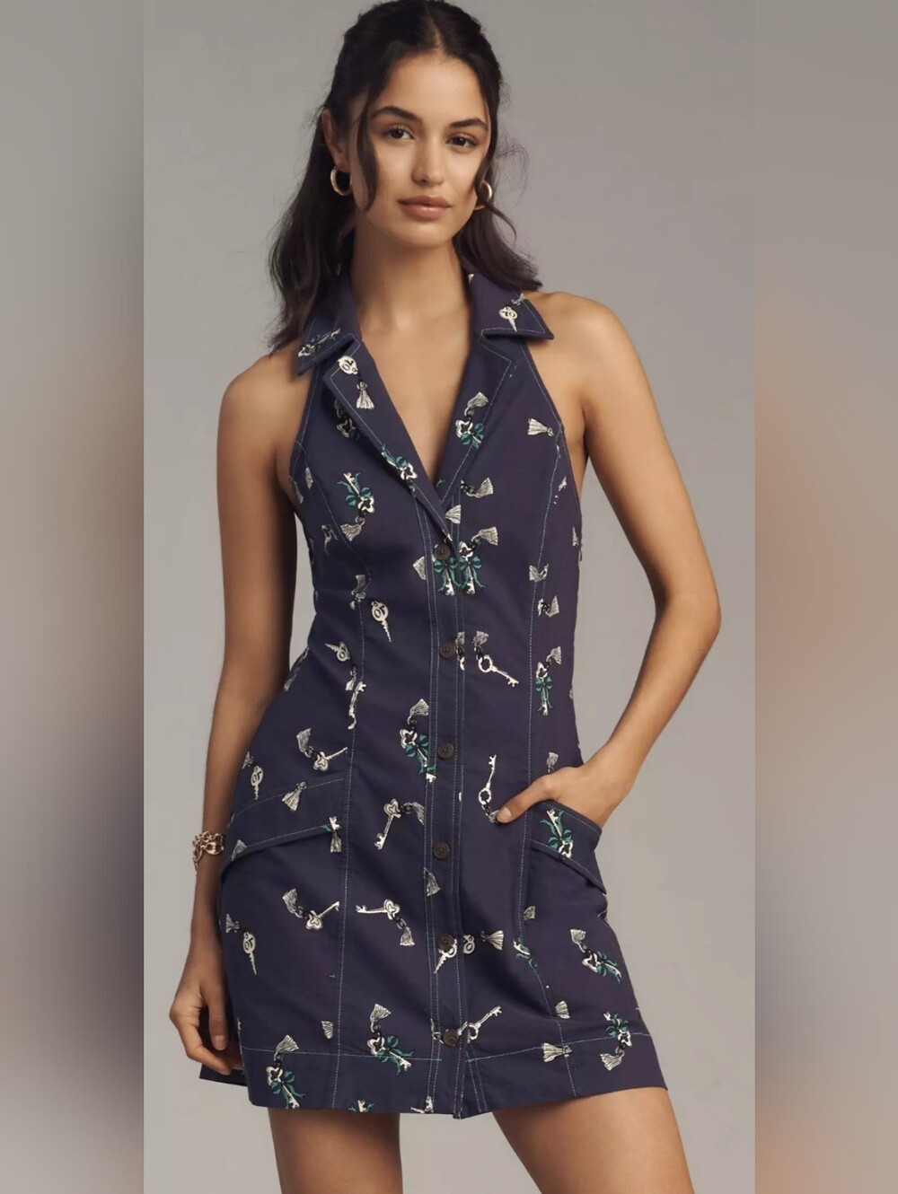 Maeve Anthropology The Amelia Key-Print Collar Halter Mini Dress Indigo Blue Lrg